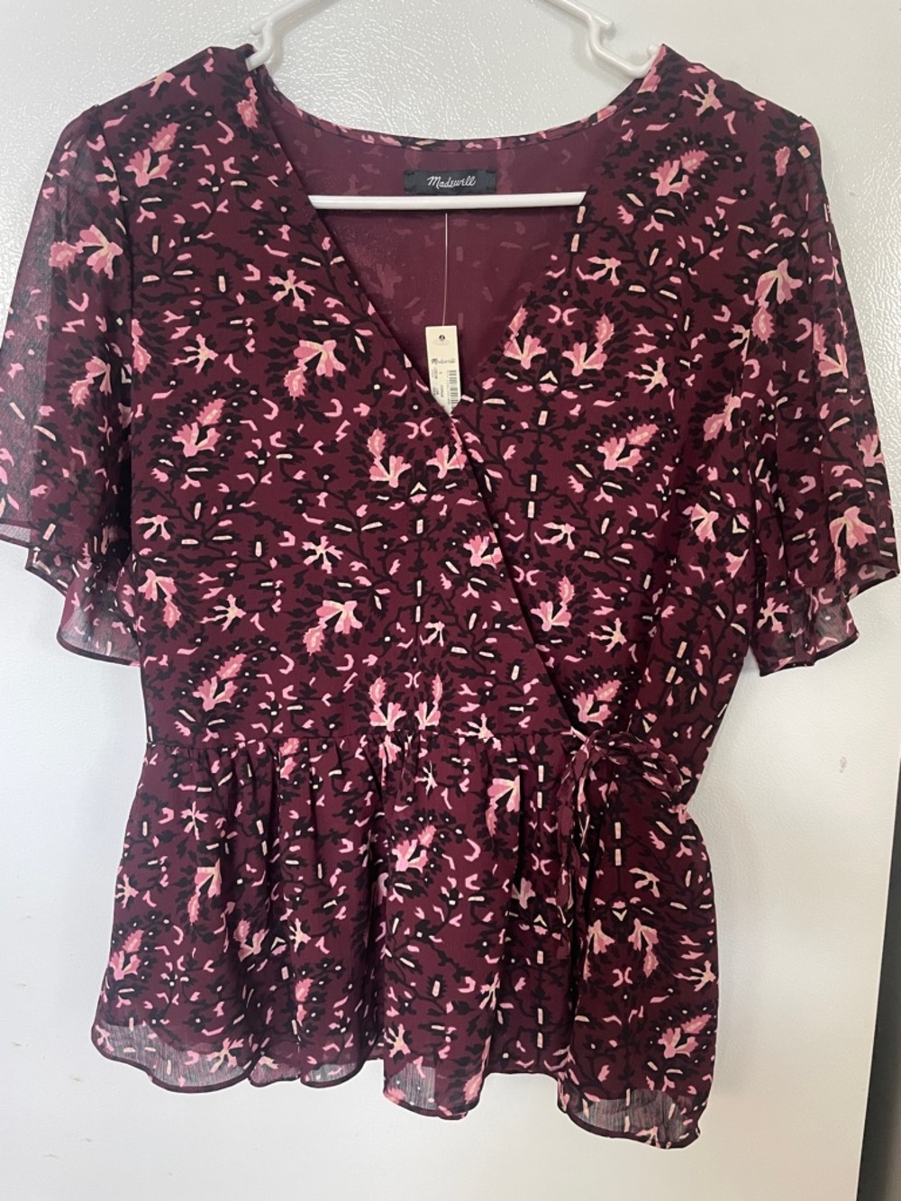 Madewell Small New Wine Floral Snap Button Wrap Blouse with Pink Accents NWT